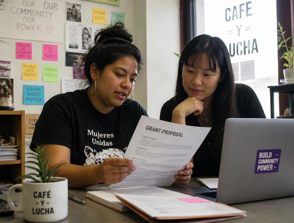 Two nonprofit staff members reviewing a grant proposal together