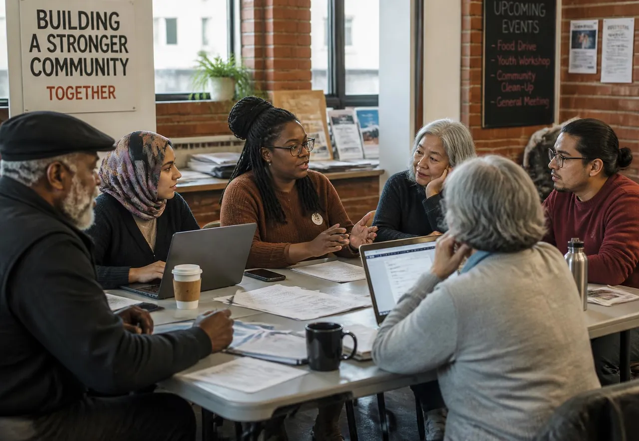 Nonprofit organizers of many backgrounds working together around a table at a community center