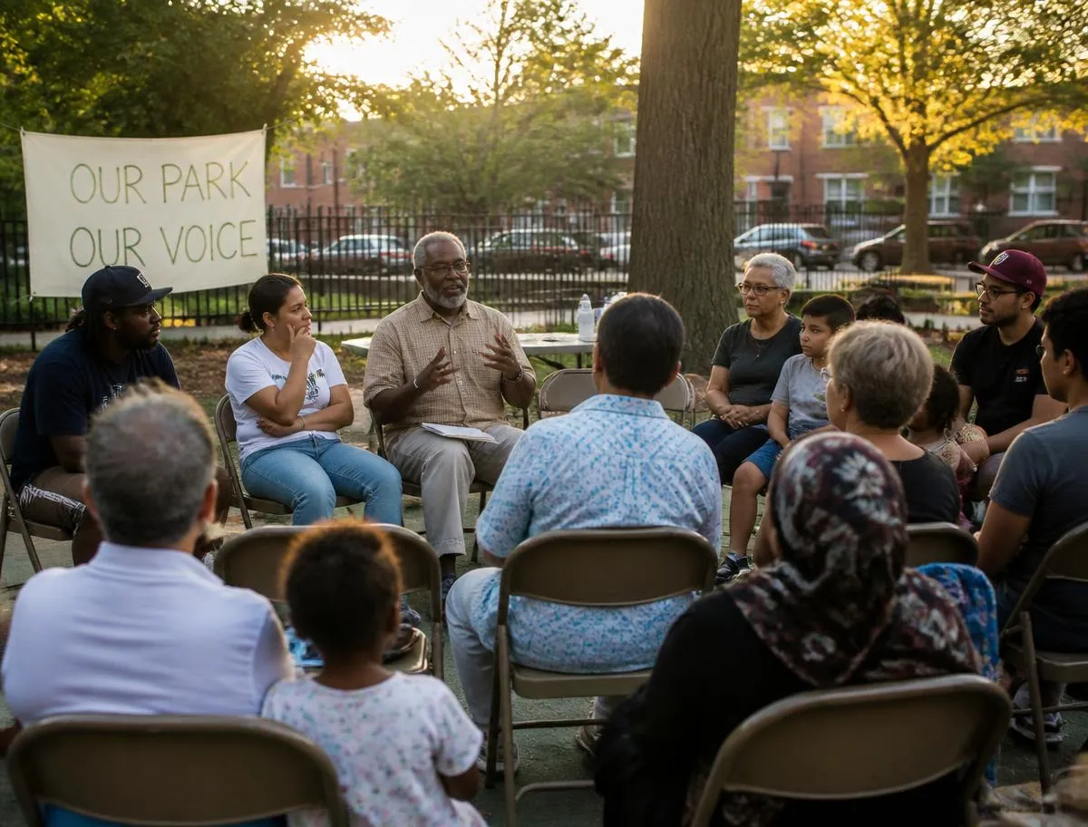 Neighbors of many ages and backgrounds at an outdoor community meeting