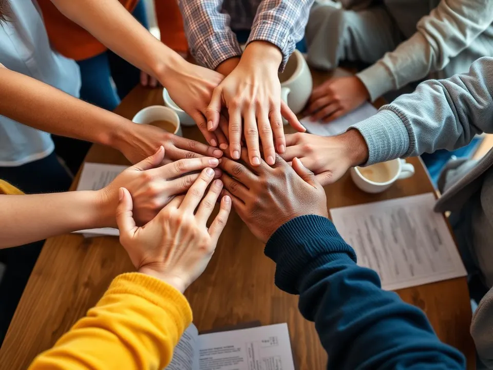 Volunteers joining hands over a table of grant paperwork